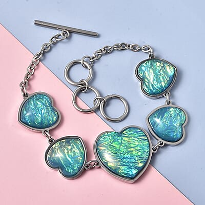 Lab Created Blue Opal Station Bracelet in Stainless Steel (7.00 In) 15.42 ctw