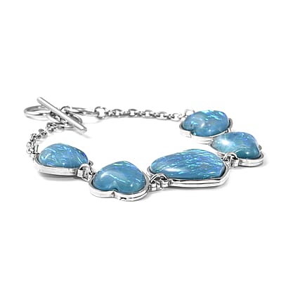 Lab Created Blue Opal Station Bracelet in Stainless Steel (7.00 In) 15.42 ctw