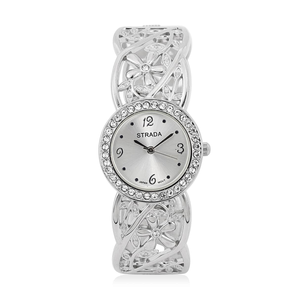 STRADA Austrian Crystal Japanese Movement Flower and Leaf Pattern Cuff Bracelet Watch in Silvertone  image number 0