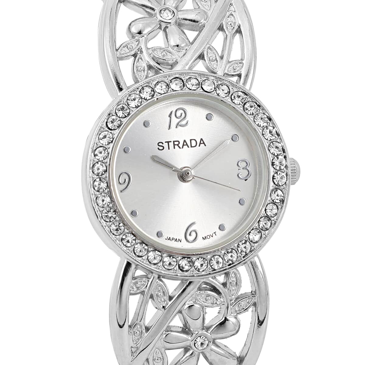 STRADA Austrian Crystal Japanese Movement Flower and Leaf Pattern Cuff Bracelet Watch in Silvertone  image number 3