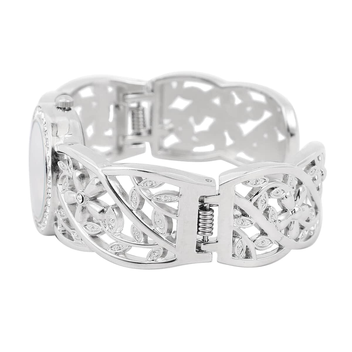 STRADA Austrian Crystal Japanese Movement Flower and Leaf Pattern Cuff Bracelet Watch in Silvertone  image number 4