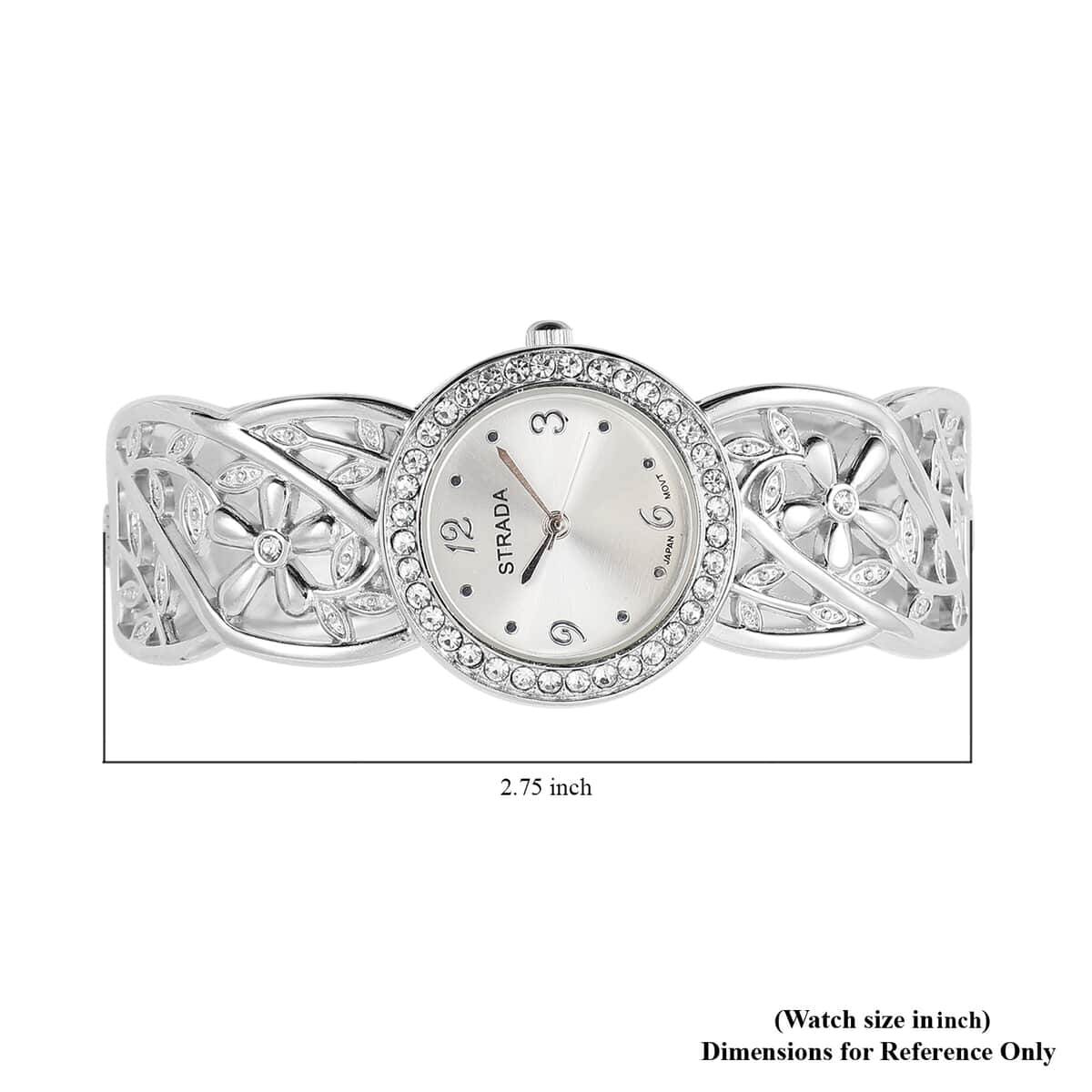 STRADA Austrian Crystal Japanese Movement Flower and Leaf Pattern Cuff Bracelet Watch in Silvertone  image number 6