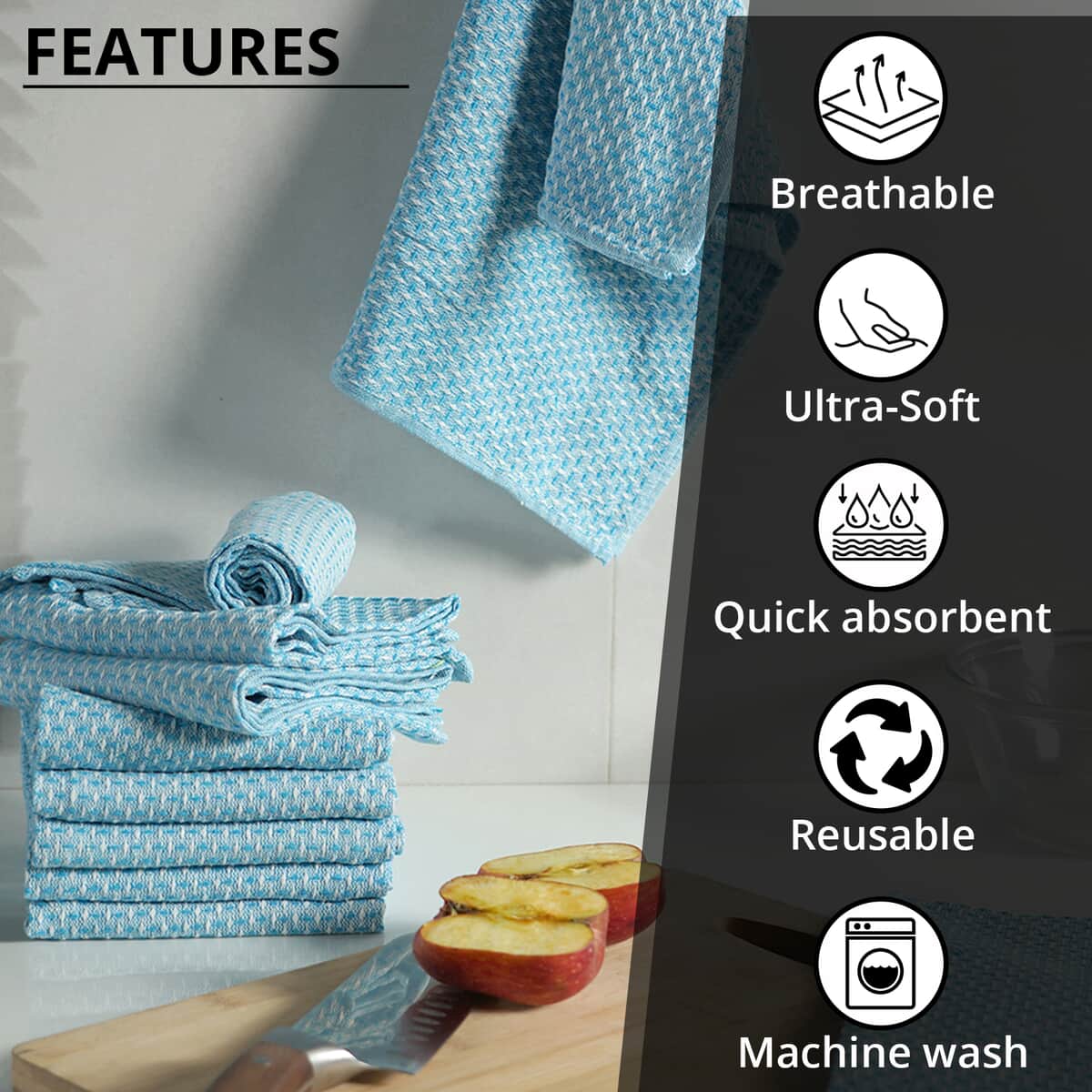 Set of 10 Solid Blue Cotton Kitchen Towels image number 3