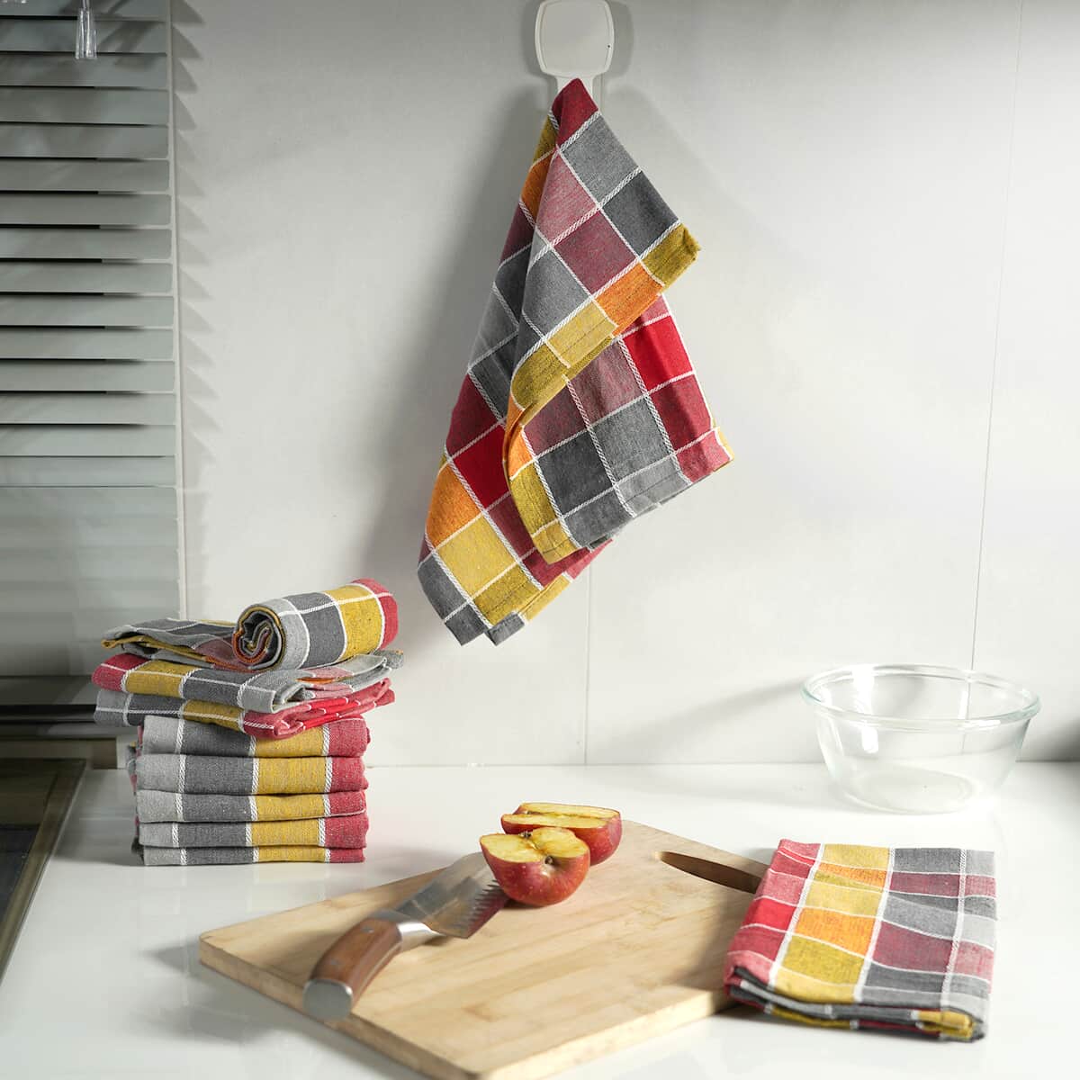 Set of 10 Gray Checked Cotton Kitchen Towels image number 1
