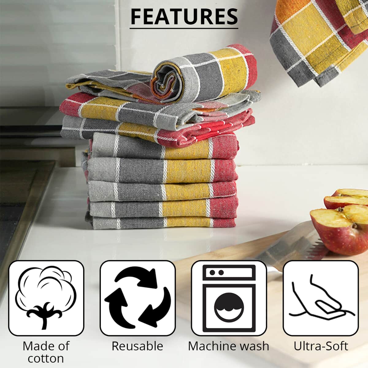 Set of 10 Gray Checked Cotton Kitchen Towels image number 2