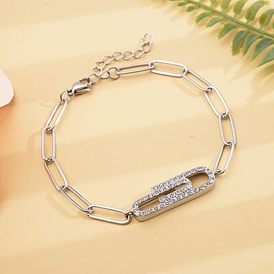 Austrian Crystal Paper Clip Bracelet in Stainless Steel (7.5-9.0In)