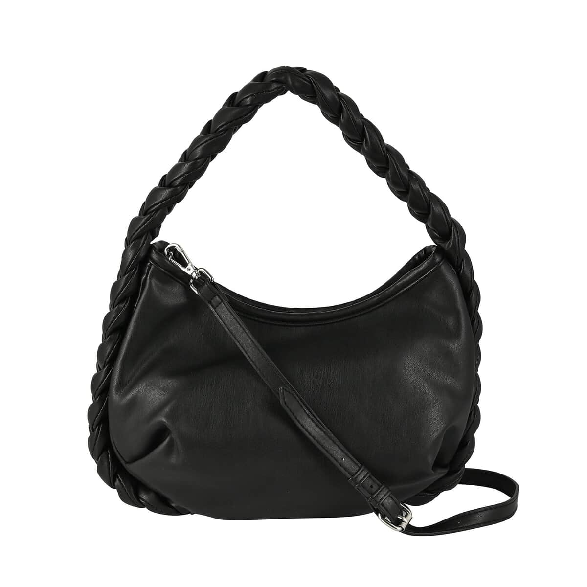 Designer Closeout Collection 18 Black Braided Handle Vegan Leather Hobo Bag (10x7.5x2.3”) with Adjustable Long Strap (51”) image number 0