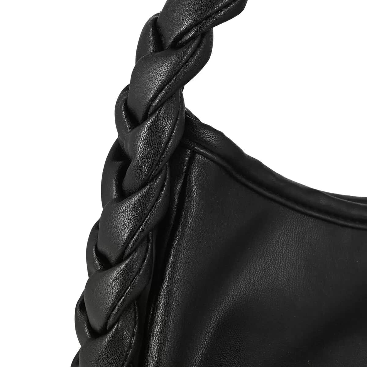 Designer Closeout Collection 18 Black Braided Handle Vegan Leather Hobo Bag (10x7.5x2.3”) with Adjustable Long Strap (51”) image number 4