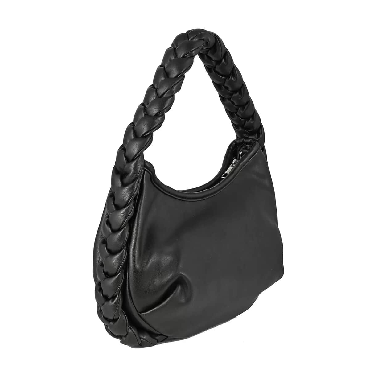 Designer Closeout Collection 18 Black Braided Handle Vegan Leather Hobo Bag (10x7.5x2.3”) with Adjustable Long Strap (51”) image number 5