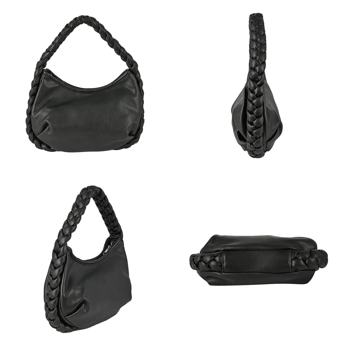 Designer Closeout Collection 18 Black Braided Handle Vegan Leather Hobo Bag (10x7.5x2.3”) with Adjustable Long Strap (51”) image number 6
