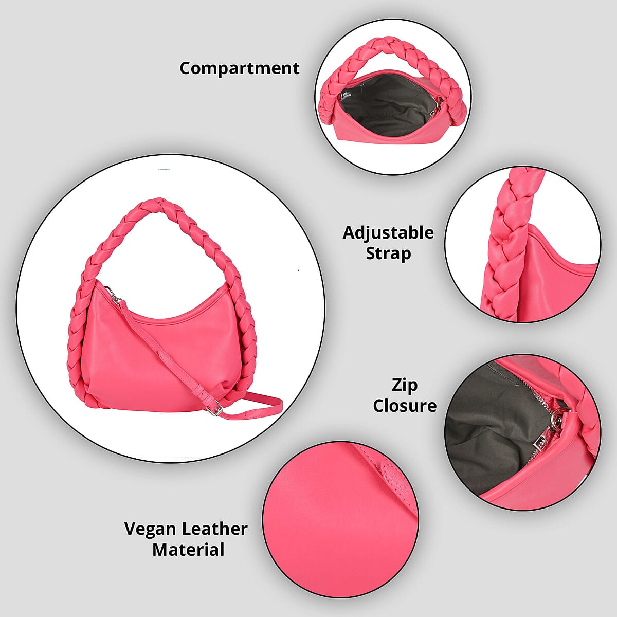 Designer Closeout Collection 18 Fuchsia Braided Handle Vegan Leather Hobo Bag with Adjustable Long Strap image number 1