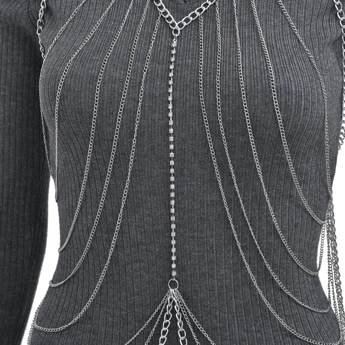 Austrian Crystal Layered Design Chain 23 Inches in Silvertone image number 3