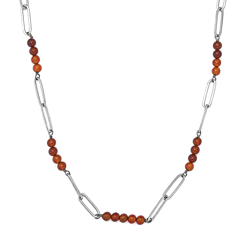 Ratnapura Hessonite Garnet 29.00 ctw Beaded and Paper Clip Chain Necklace in Stainless Steel 20 Inches, Tarnish-Free, Waterproof, Sweat Proof Jewelry