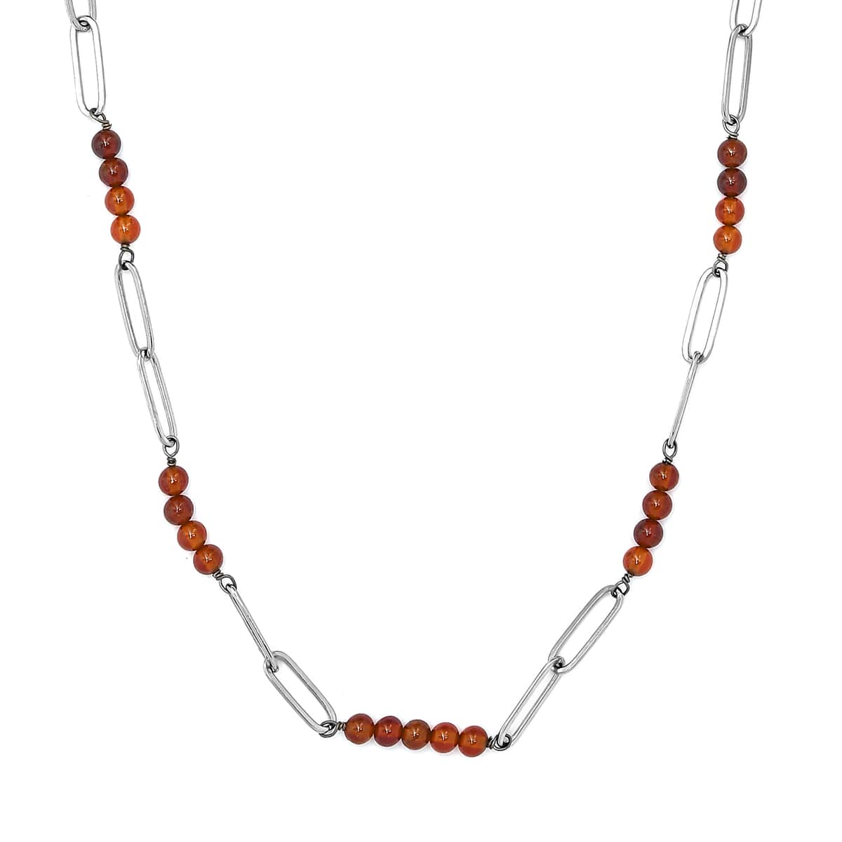 Ratnapura Hessonite Garnet Beaded and Paper Clip Chain Necklace 20 Inches in Stainless Steel 29.00 ctw image number 0