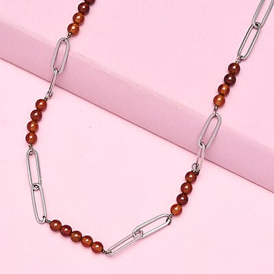 Ratnapura Hessonite Garnet 29.00 ctw Beaded and Paper Clip Chain Necklace in Stainless Steel 20 Inches, Tarnish-Free, Waterproof, Sweat Proof Jewelry