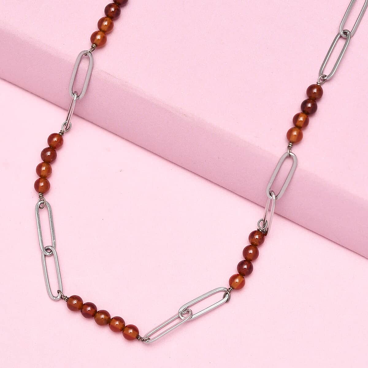 Ratnapura Hessonite Garnet Beaded and Paper Clip Chain Necklace (20 Inches) in Stainless Steel 29.00 ctw , Tarnish-Free, Waterproof, Sweat Proof Jewelry image number 1
