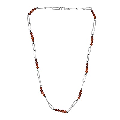 Ratnapura Hessonite Garnet 29.00 ctw Beaded and Paper Clip Chain Necklace in Stainless Steel 20 Inches, Tarnish-Free, Waterproof, Sweat Proof Jewelry