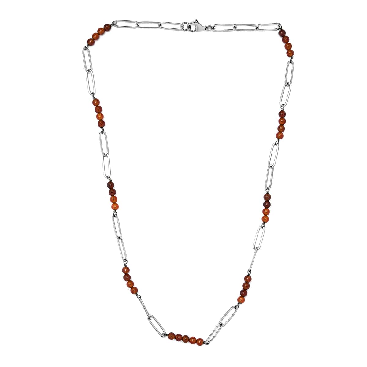 Ratnapura Hessonite Garnet Beaded and Paper Clip Chain Necklace 20 Inches in Stainless Steel 29.00 ctw image number 3