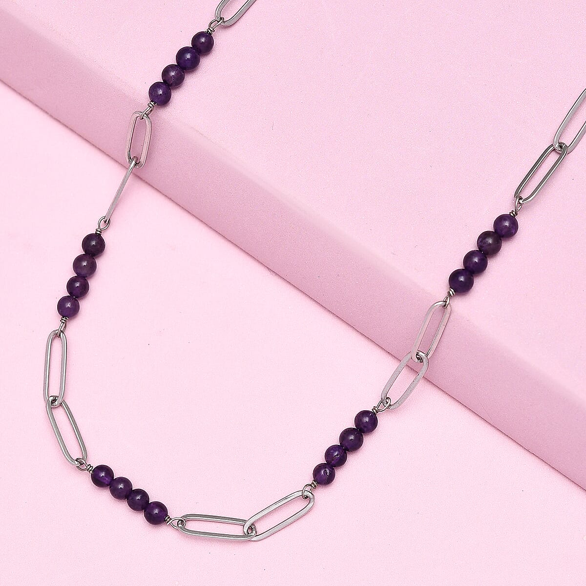 Amethyst Beaded and Paper Clip Chain Necklace (20 Inches) in Stainless Steel 22.15 ctw , Tarnish-Free, Waterproof, Sweat Proof Jewelry image number 1