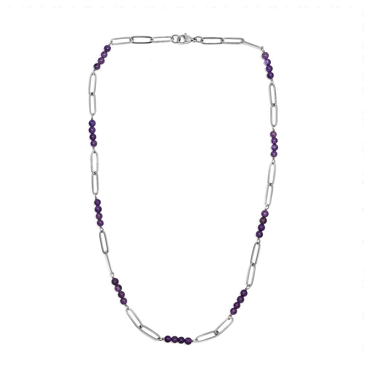 Amethyst Beaded and Paper Clip Chain Necklace (20 Inches) in Stainless Steel 22.15 ctw , Tarnish-Free, Waterproof, Sweat Proof Jewelry image number 3
