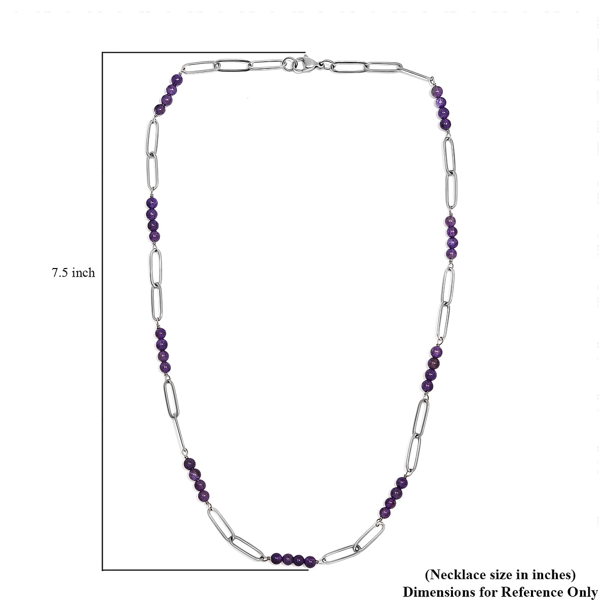 Amethyst Beaded and Paper Clip Chain Necklace (20 Inches) in Stainless Steel 22.15 ctw , Tarnish-Free, Waterproof, Sweat Proof Jewelry image number 5