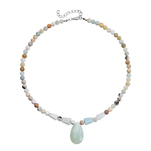 Multi Color Amazonite Beaded Tribal Necklace 18-20 Inches in Silvertone 154.50 ctw
