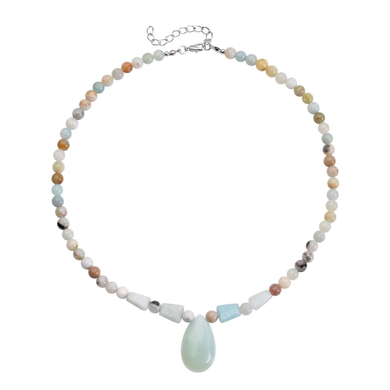 Multi Color Amazonite Beaded Tribal Necklace 18-20 Inches in Silvertone 154.50 ctw