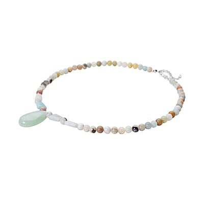 Multi Color Amazonite Beaded Tribal Necklace 18-20 Inches in Silvertone 154.50 ctw