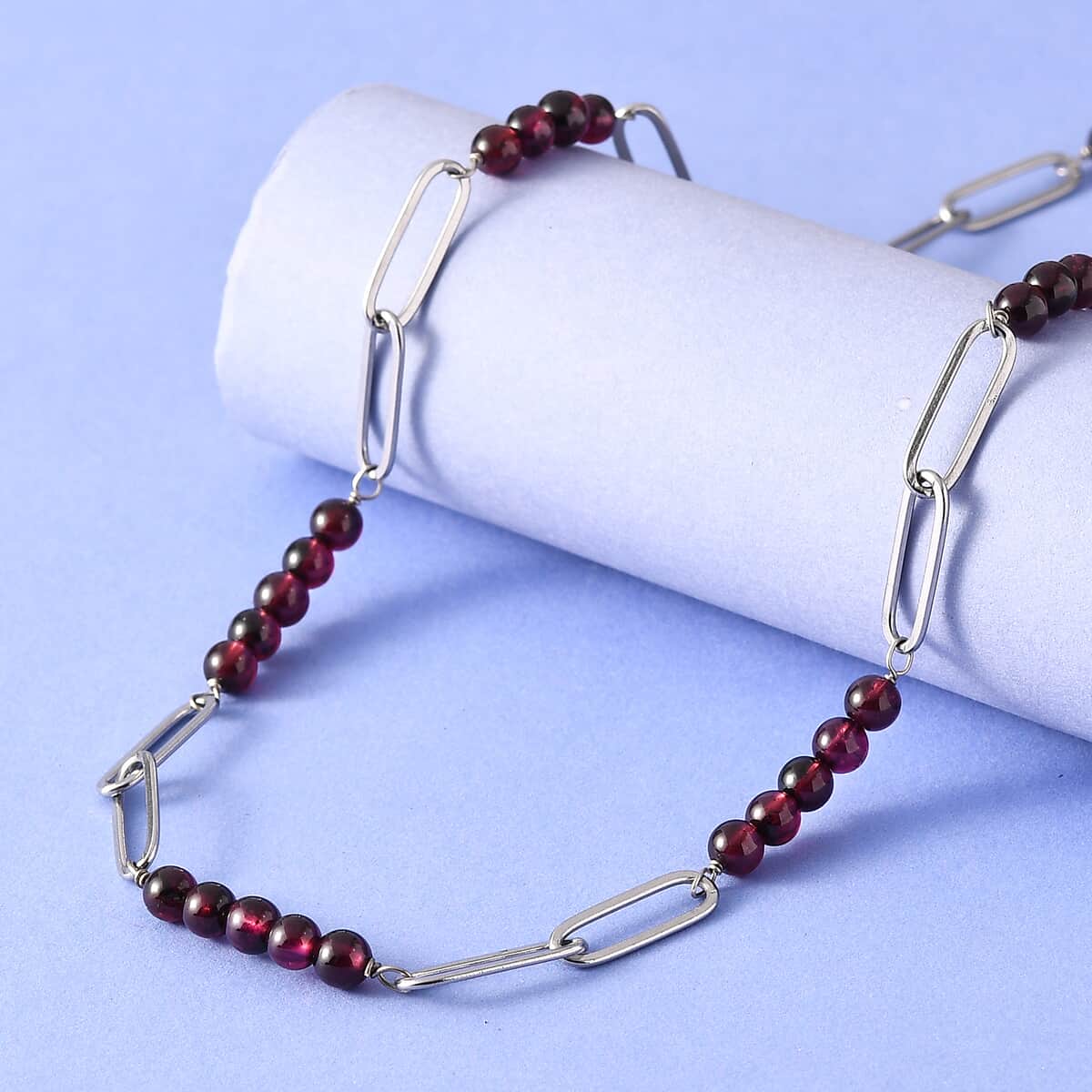 Orissa Rhodolite Garnet Beaded and Paper Clip Chain Necklace (20 Inches) in Stainless Steel 32.90 ctw , Tarnish-Free, Waterproof, Sweat Proof Jewelry image number 1