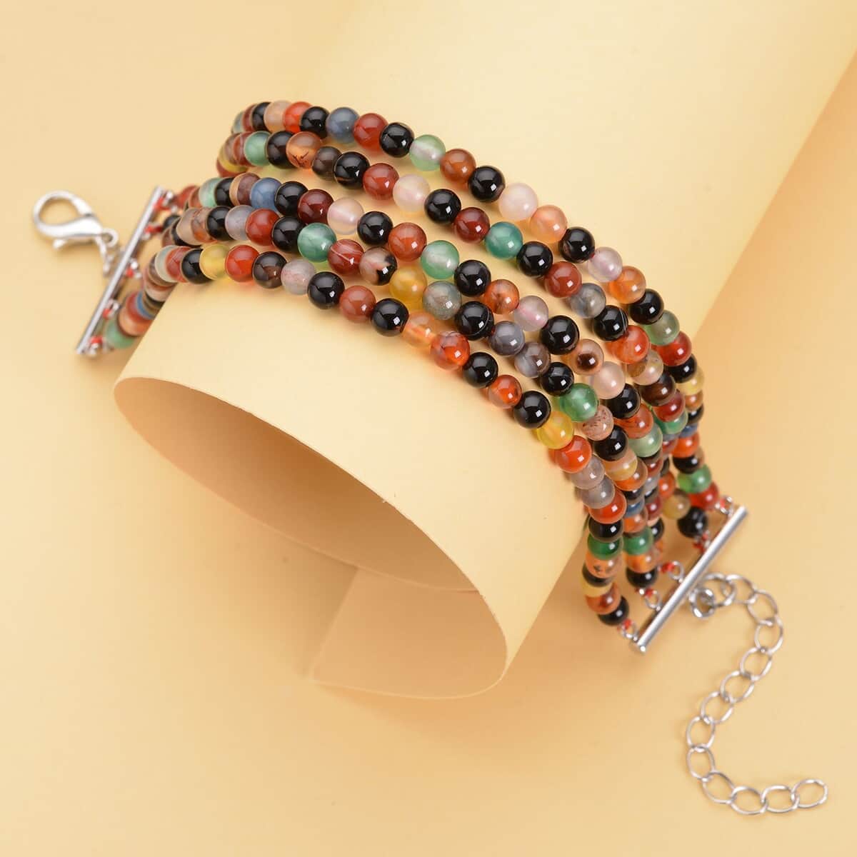 Enhanced Multi Agate Multi Row Beaded Bracelet in Stainless Steel (7.25 In) 91.50 ctw image number 1