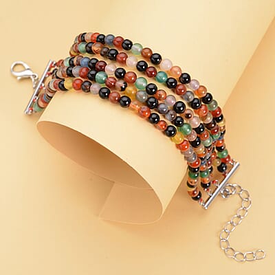 Enhanced Multi Agate Multi Row Beaded Bracelet in Stainless Steel (7.25 In) 91.50 ctw