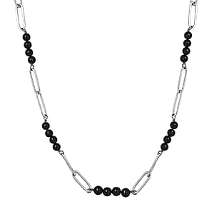 Thai Black Spinel Beaded and Paper Clip Chain Necklace (20 Inches) in Stainless Steel 25.15 ctw , Tarnish-Free, Waterproof, Sweat Proof Jewelry