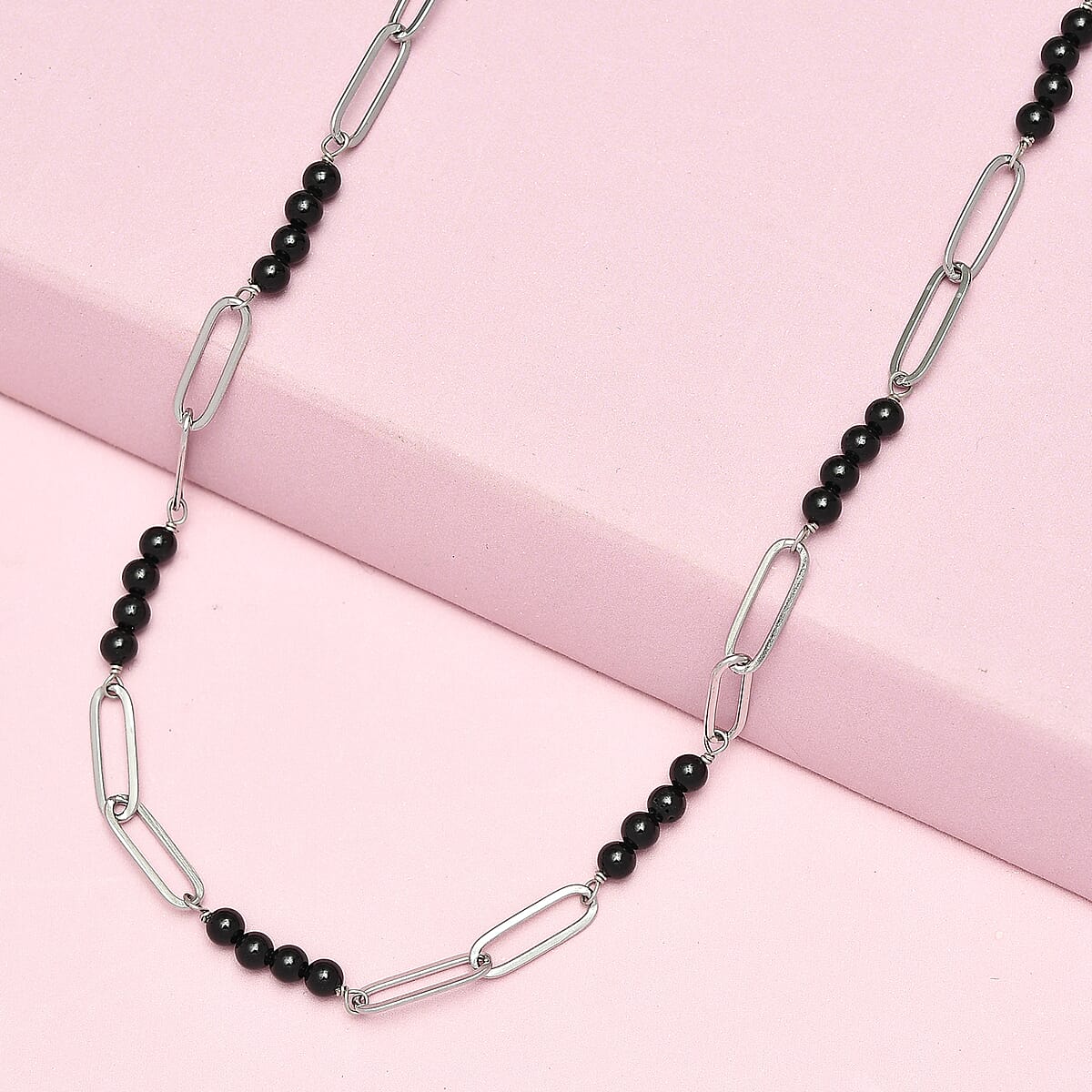 Thai Black Spinel Beaded and Paper Clip Chain Necklace (20 Inches) in Stainless Steel 25.15 ctw , Tarnish-Free, Waterproof, Sweat Proof Jewelry image number 1