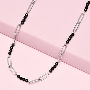 Thai Black Spinel Beaded and Paper Clip Chain Necklace (20 Inches) in Stainless Steel 25.15 ctw , Tarnish-Free, Waterproof, Sweat Proof Jewelry