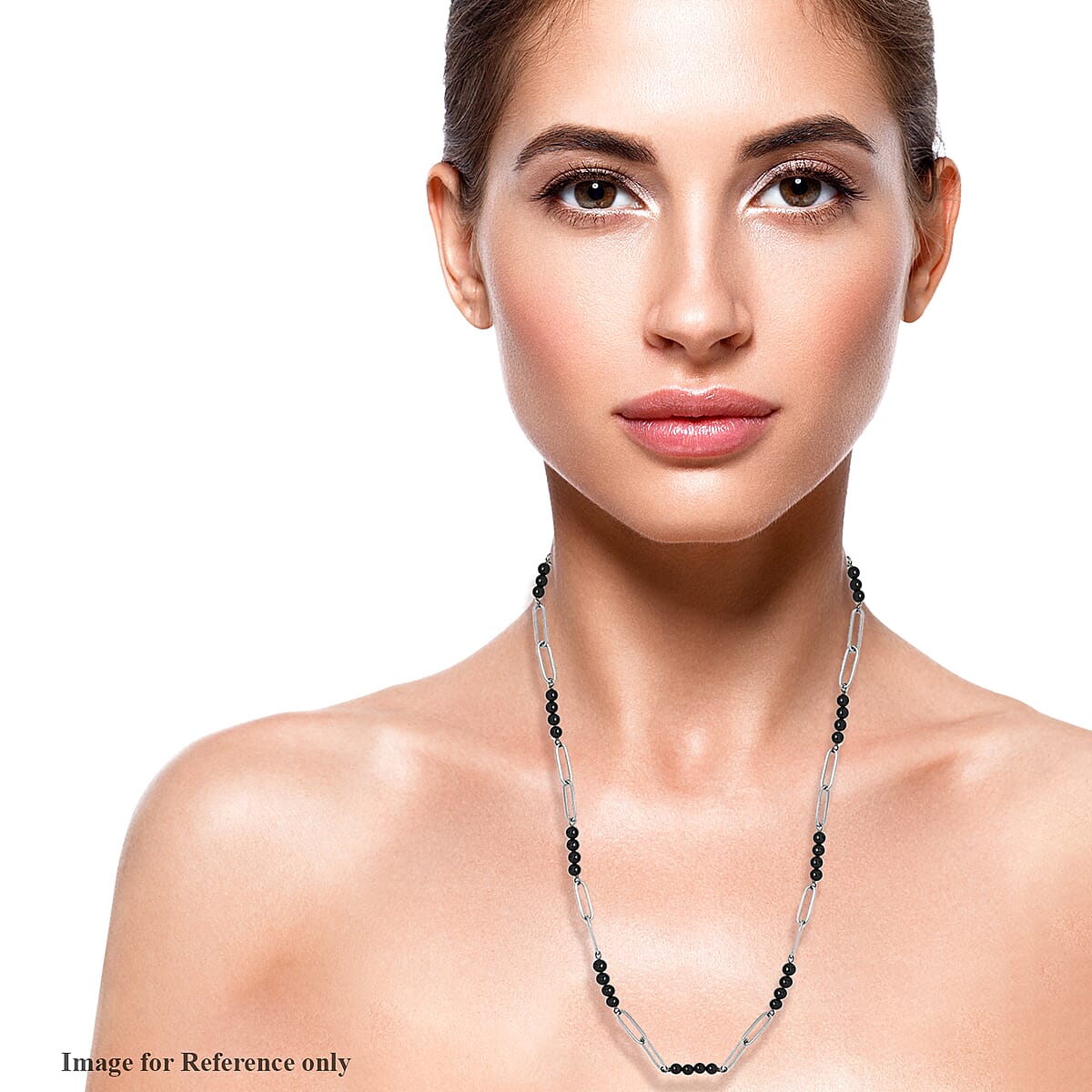 Thai Black Spinel Beaded and Paper Clip Chain Necklace (20 Inches) in Stainless Steel 25.15 ctw , Tarnish-Free, Waterproof, Sweat Proof Jewelry image number 2
