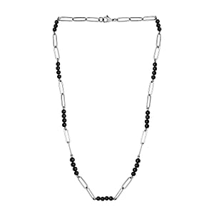 Thai Black Spinel Beaded and Paper Clip Chain Necklace (20 Inches) in Stainless Steel 25.15 ctw , Tarnish-Free, Waterproof, Sweat Proof Jewelry