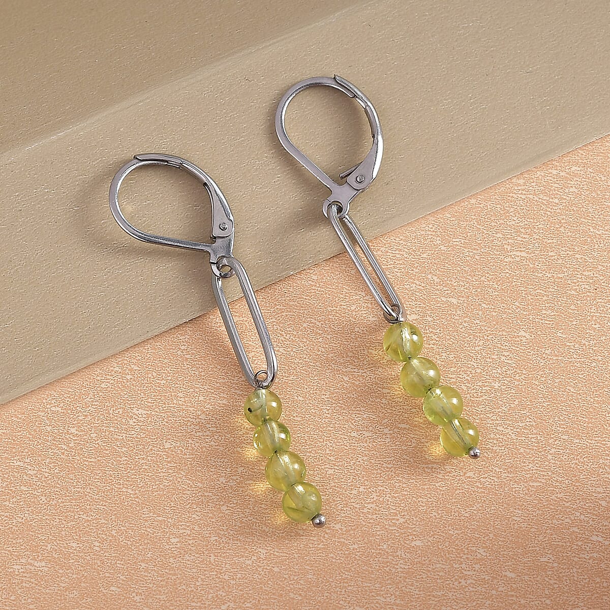 Peridot Beaded and Paper Clip Dangle Earrings in Stainless Steel 4.10 ctw image number 1