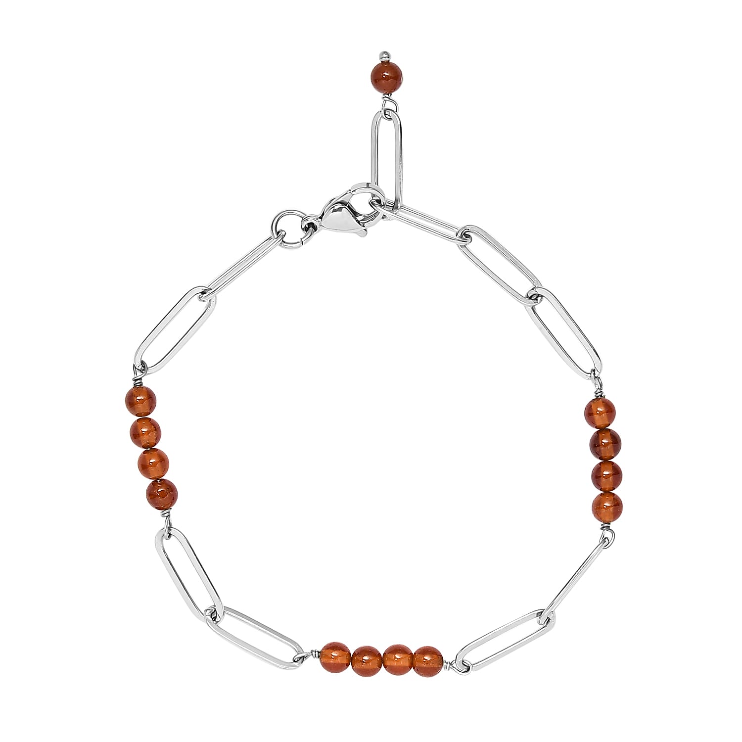 Ratnapura Hessonite Garnet Beaded and Paper Clip Chain Bracelet in Stainless Steel (7.25 In) 11.25 ctw