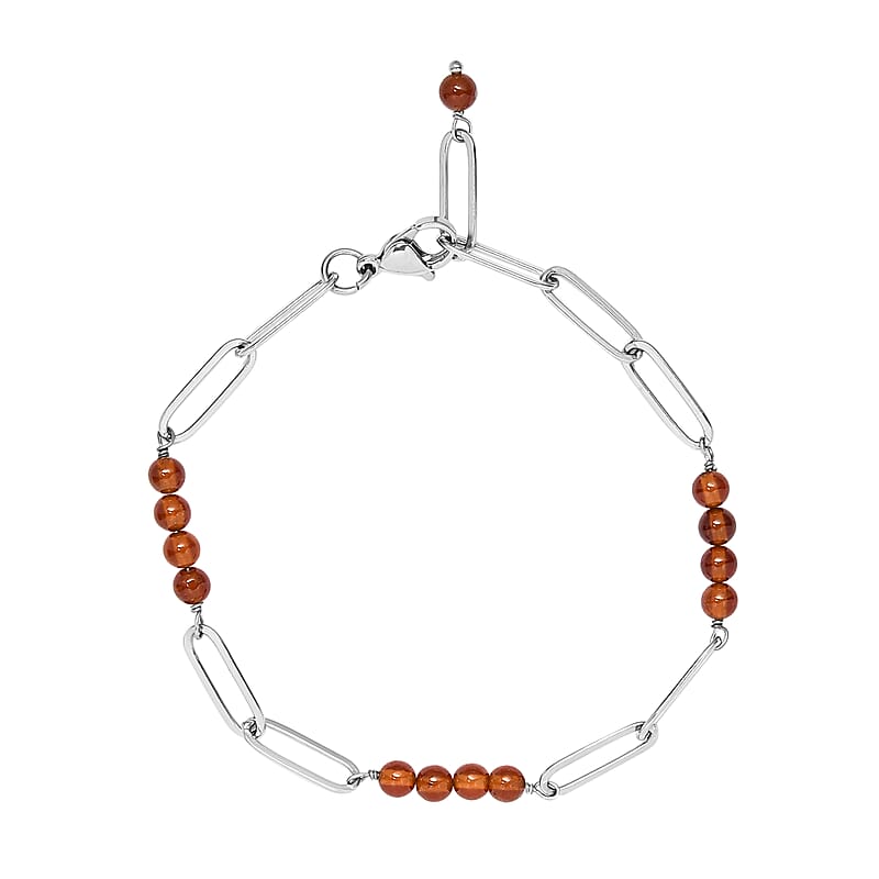 Ratnapura Hessonite Garnet Beaded and Paper Clip Chain Bracelet in Stainless Steel (7.25 In) 11.25 ctw
