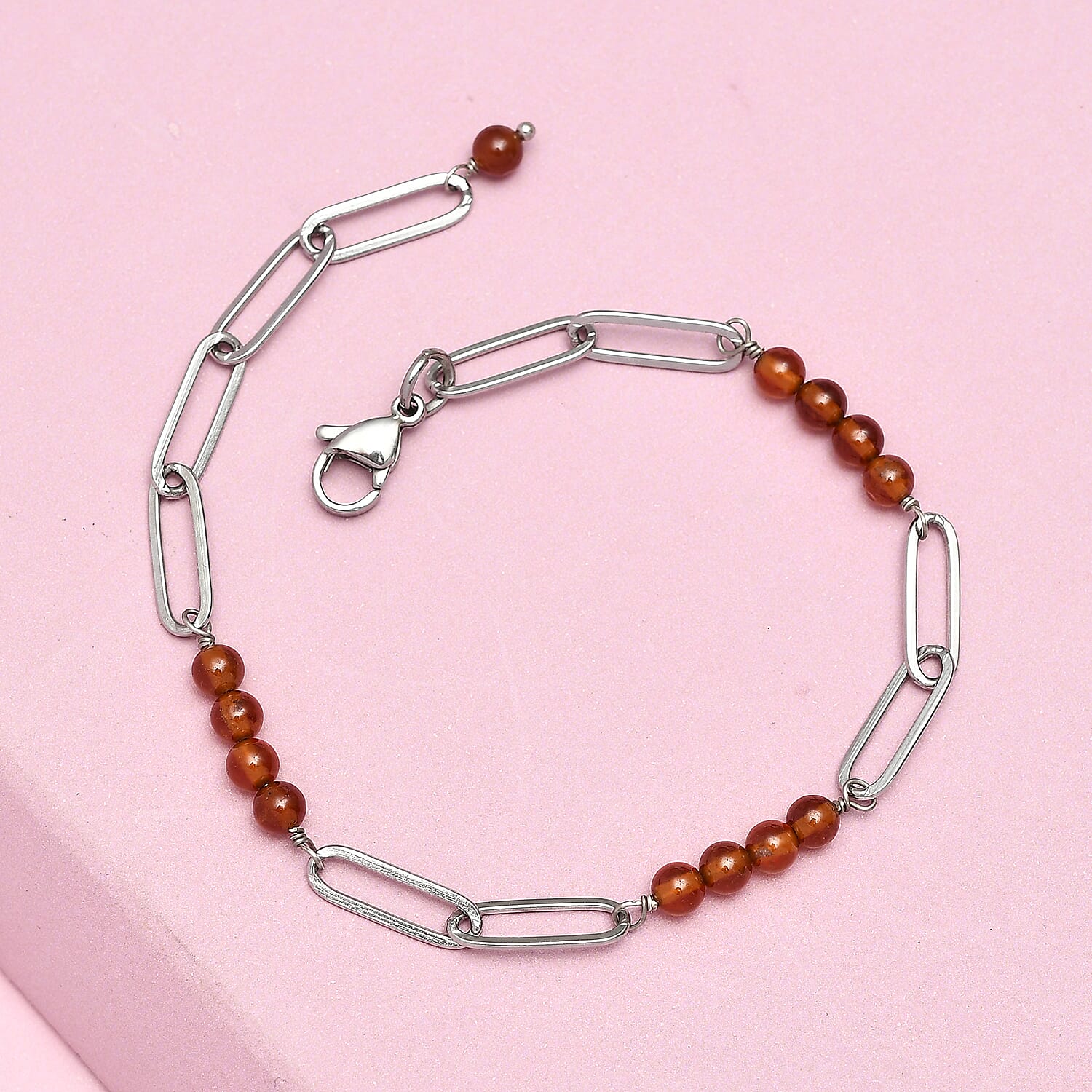 Ratnapura Hessonite Garnet Beaded and Paper Clip Chain Bracelet in Stainless Steel (7.25 In) 11.25 ctw