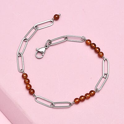Ratnapura Hessonite Garnet Beaded and Paper Clip Chain Bracelet in Stainless Steel (7.25 In) 11.25 ctw