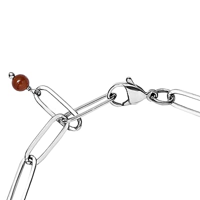 Ratnapura Hessonite Garnet Beaded and Paper Clip Chain Bracelet in Stainless Steel (7.25 In) 11.25 ctw