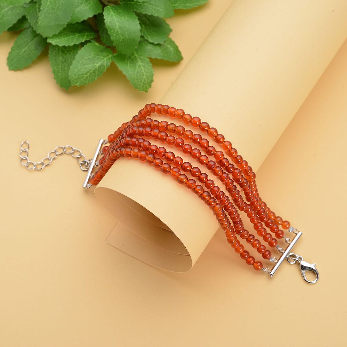 Enhanced Red Agate Multi Row Beaded Bracelet in Stainless Steel (7.25 In) 91.50 ctw , Tarnish-Free, Waterproof, Sweat Proof Jewelry image number 1