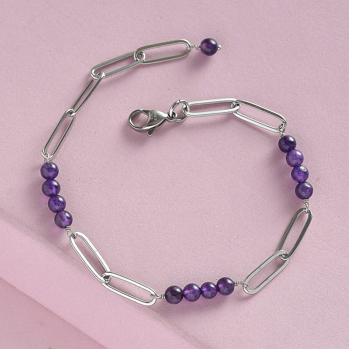 Amethyst Beaded and Paper Clip Chain Bracelet in Stainless Steel (7.25 In) 8.75 ctw image number 1