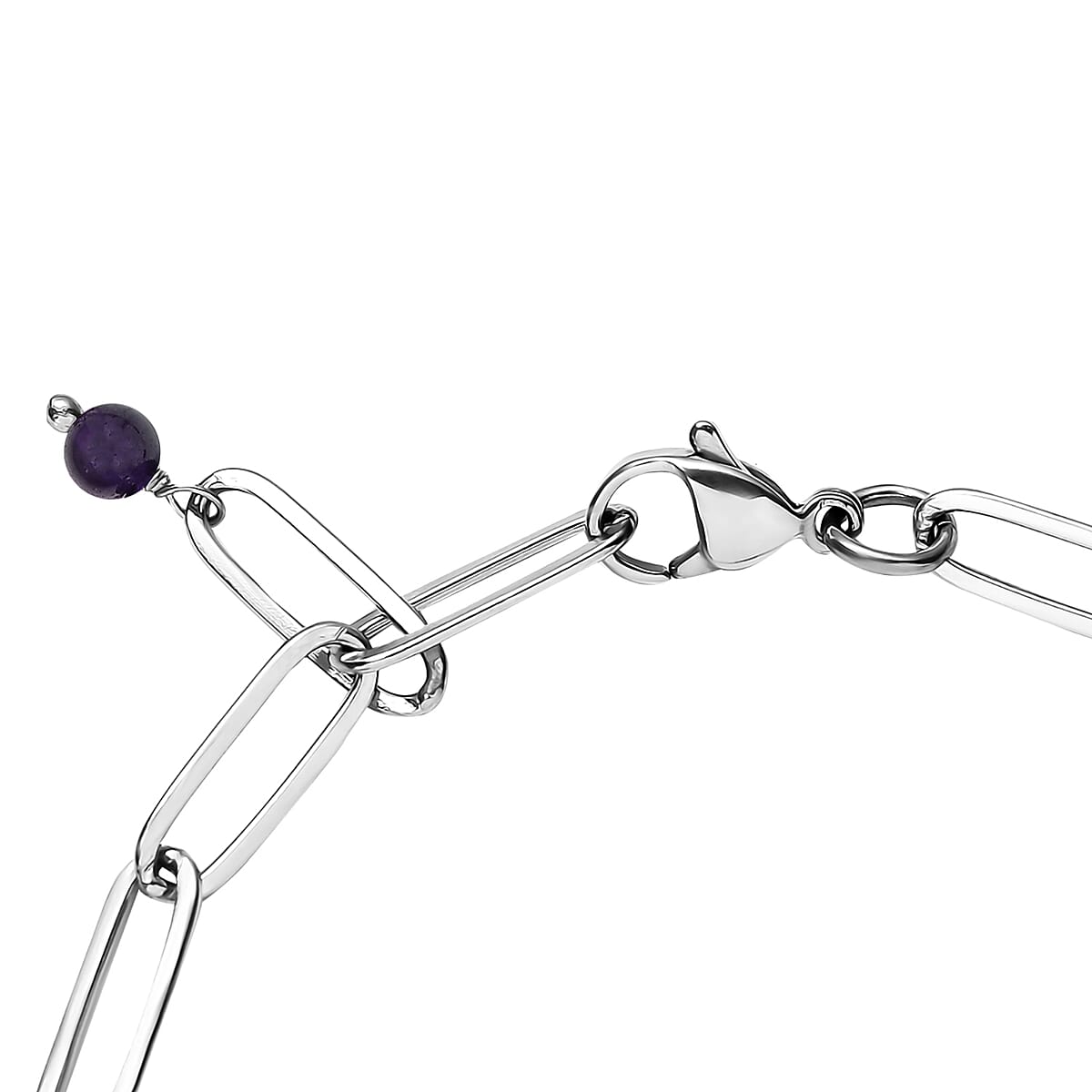 Amethyst Beaded and Paper Clip Chain Bracelet in Stainless Steel (7.25 In) 8.75 ctw image number 3