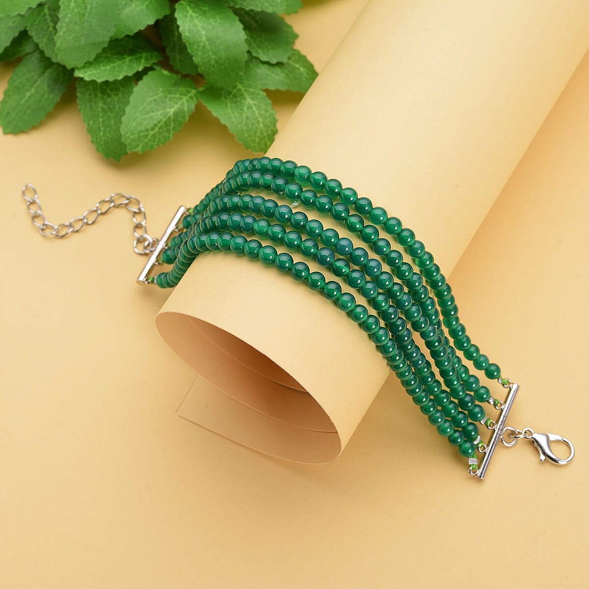 Enhanced Green Agate Multi Row Beaded Bracelet in Stainless Steel (7.25 In) 91.50 ctw | Tarnish-Free, Waterproof, Sweat Proof Jewelry image number 1