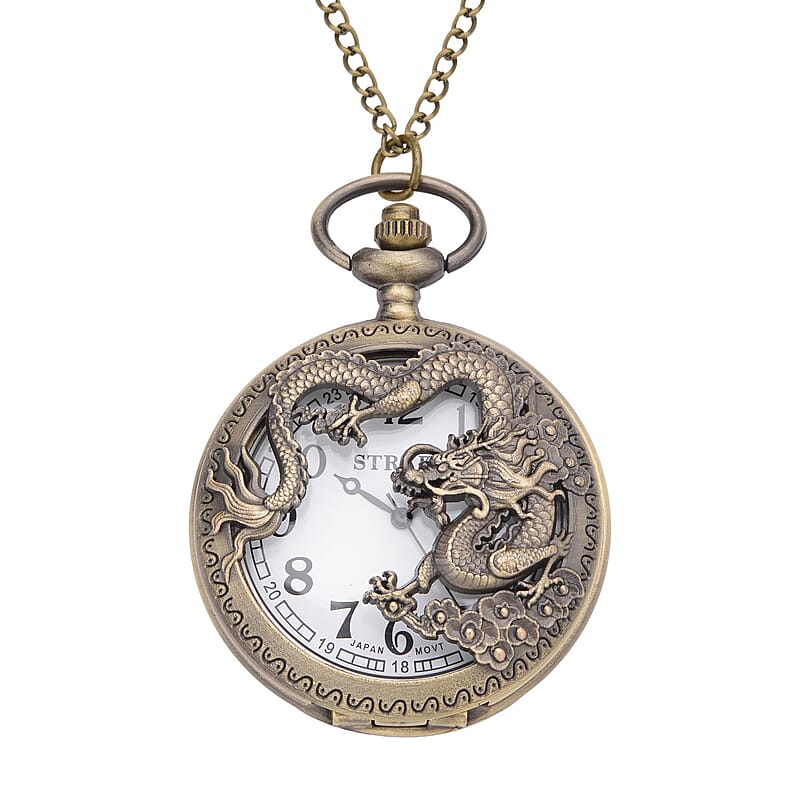 Strada Japanese Movement Dragon Pattern Half Hunter Case Pocket Watch with Chain (31 Inches) in Goldtone