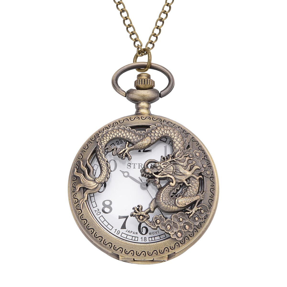 STRADA Japanese Movement Dragon Pattern Half Hunter Case Pocket Watch with Chain (31 Inches) in Goldtone image number 0