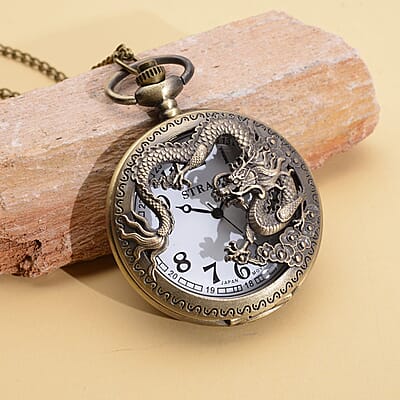 Strada Japanese Movement Dragon Pattern Half Hunter Case Pocket Watch with Chain (31 Inches) in Goldtone