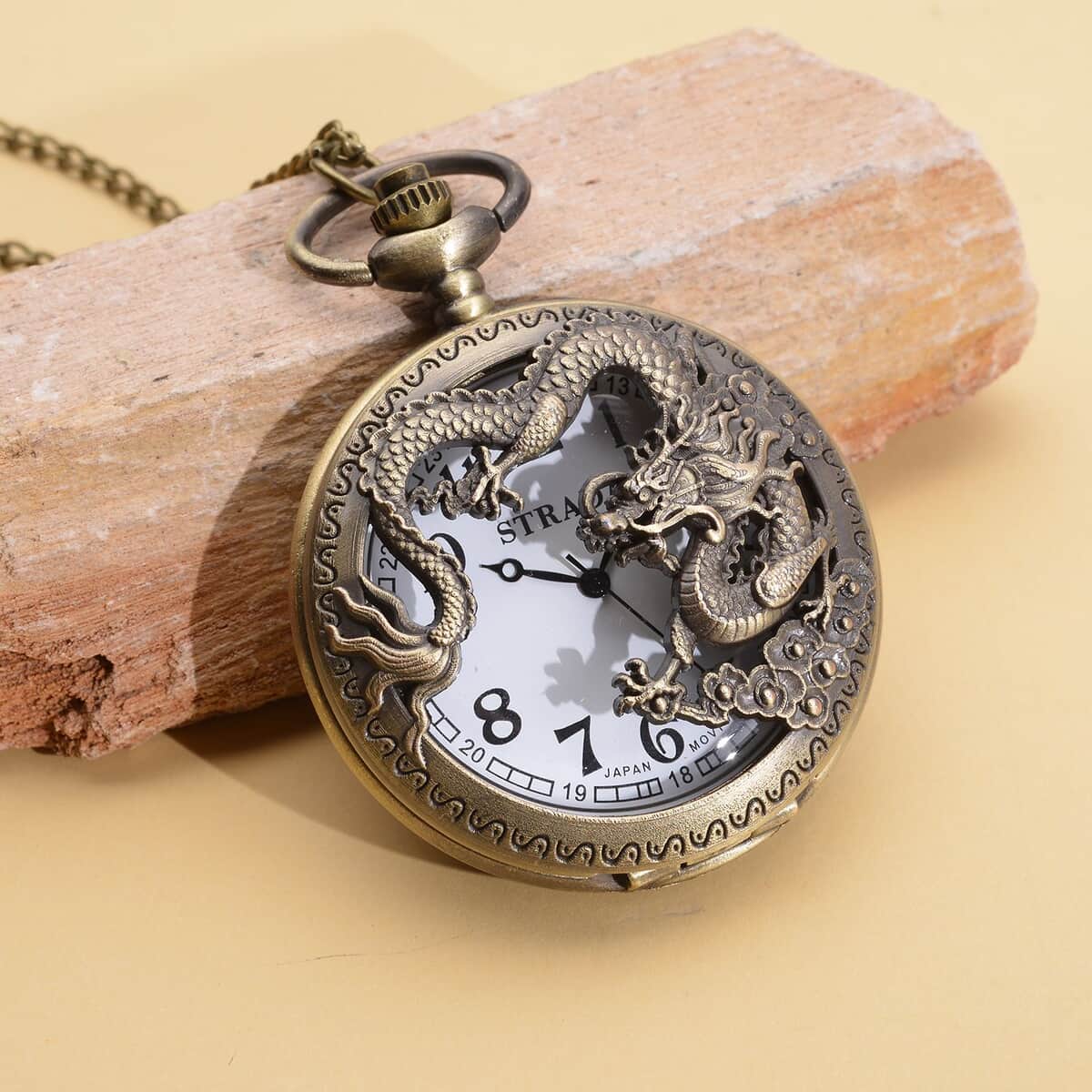 STRADA Japanese Movement Dragon Pattern Half Hunter Case Pocket Watch with Chain (31 Inches) in Goldtone image number 1